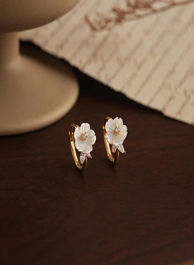 VLINRAS Mother of Pearl Flower Hoop Earrings, Dainty Floral Gold Huggie Earrings, Bridal Earrings Bridesmaid Gift - Image 2